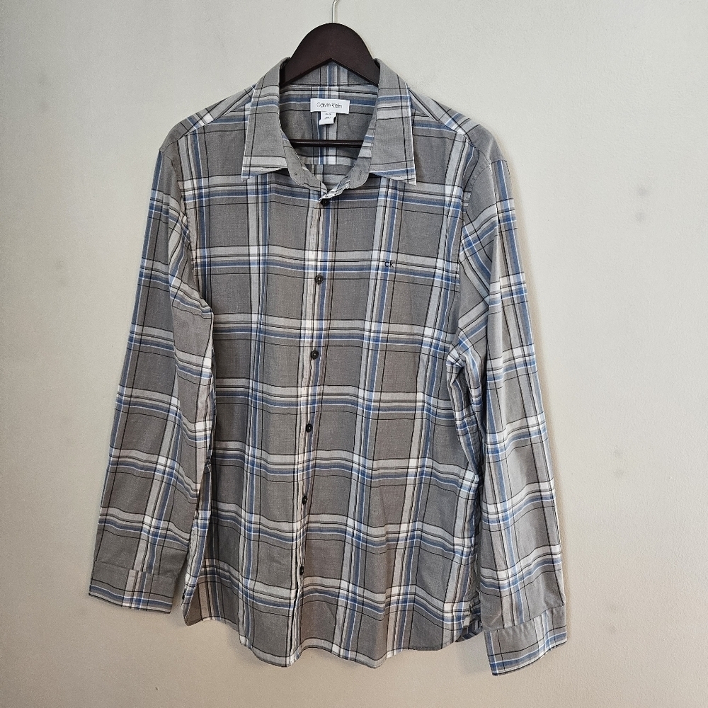 Calvin Klein Men's Plaid Button Down Shirt Gray White Blue Casual Neutral XL